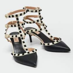 Pre Owned Valentino Black/Off-White Leather Rockstud Ankle Strap Pumps Size 37.5