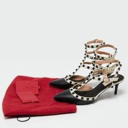 Pre Owned Valentino Black/Off-White Leather Rockstud Ankle Strap Pumps Size 37.5