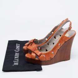 Pre Owned Valentino Brown Leather Peep Toe Wedge Sandals Size 39.5