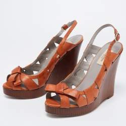 Pre Owned Valentino Brown Leather Peep Toe Wedge Sandals Size 39.5
