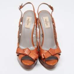 Pre Owned Valentino Brown Leather Peep Toe Wedge Sandals Size 39.5