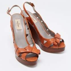 Pre Owned Valentino Brown Leather Peep Toe Wedge Sandals Size 39.5