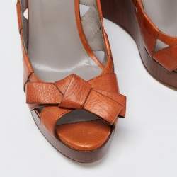 Pre Owned Valentino Brown Leather Peep Toe Wedge Sandals Size 39.5