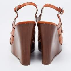 Pre Owned Valentino Brown Leather Peep Toe Wedge Sandals Size 39.5