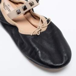 Pre Owned Valentino Black Leather Rockstud Bow Scrunch Ballet Flats Size 36