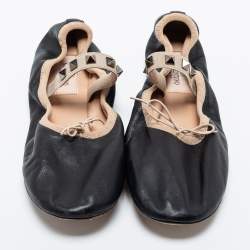 Pre Owned Valentino Black Leather Rockstud Bow Scrunch Ballet Flats Size 36