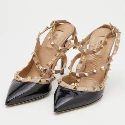 مملوكة مسبقًا Valentino Black/Beige Patent and Leather Rockstud Ankle Strap Pumps Size 40