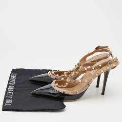 مملوكة مسبقًا Valentino Black/Beige Patent and Leather Rockstud Ankle Strap Pumps Size 40