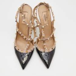 مملوكة مسبقًا Valentino Black/Beige Patent and Leather Rockstud Ankle Strap Pumps Size 40