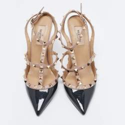 Pre Owned Valentino Dark Grey/Beige Patent Leather Rockstud Ankle Strap Pumps Size 38