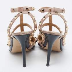 Pre Owned Valentino Dark Grey/Beige Patent Leather Rockstud Ankle Strap Pumps Size 38