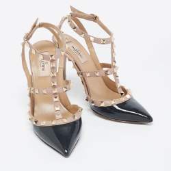 Pre Owned Valentino Dark Grey/Beige Patent Leather Rockstud Ankle Strap Pumps Size 38