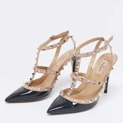 Pre Owned Valentino Dark Grey/Beige Patent Leather Rockstud Ankle Strap Pumps Size 38