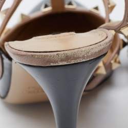 Pre Owned Valentino Dark Grey/Beige Patent Leather Rockstud Ankle Strap Pumps Size 38