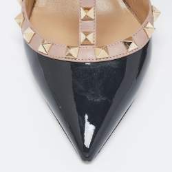 Pre Owned Valentino Dark Grey/Beige Patent Leather Rockstud Ankle Strap Pumps Size 38