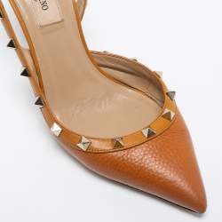 Pre Owned Valentino Tan Leather Rockstud Slingback Pumps Size 37.5