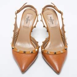Pre Owned Valentino Tan Leather Rockstud Slingback Pumps Size 37.5