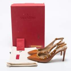 Pre Owned Valentino Tan Leather Rockstud Slingback Pumps Size 37.5