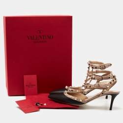 Pre Owned Valentino Black/Beige  Leather Rockstud T Strap Sandals  Size 38.5