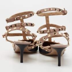 Pre Owned Valentino Black/Beige  Leather Rockstud T Strap Sandals  Size 38.5