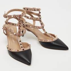 Pre Owned Valentino Black/Beige  Leather Rockstud T Strap Sandals  Size 38.5