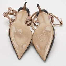 Pre Owned Valentino Black/Beige  Leather Rockstud T Strap Sandals  Size 38.5