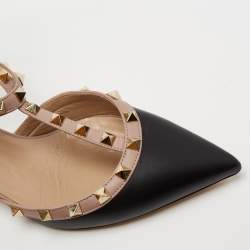 Pre Owned Valentino Black/Beige  Leather Rockstud T Strap Sandals  Size 38.5