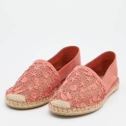 Pre Owned Valentino Light Orange Leather And Lace Espadrille Flats Size 40