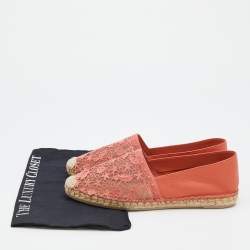 Pre Owned Valentino Light Orange Leather And Lace Espadrille Flats Size 40