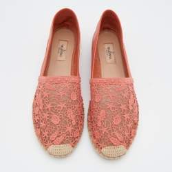 Pre Owned Valentino Light Orange Leather And Lace Espadrille Flats Size 40