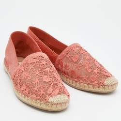 Pre Owned Valentino Light Orange Leather And Lace Espadrille Flats Size 40