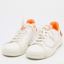 Pre Owned Valentino White/Neon Orange Leather Backnet VLOGO Sneakers Size 38