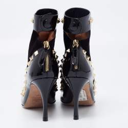 Pre Owned Valentino Black Patent Leather and Suede Rockstud Ankle Boots Size 37
