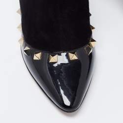 Pre Owned Valentino Black Patent Leather and Suede Rockstud Ankle Boots Size 37