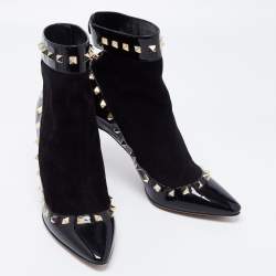 Pre Owned Valentino Black Patent Leather and Suede Rockstud Ankle Boots Size 37