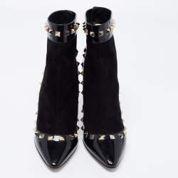 Pre Owned Valentino Black Patent Leather and Suede Rockstud Ankle Boots Size 37
