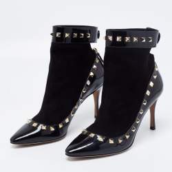Pre Owned Valentino Black Patent Leather and Suede Rockstud Ankle Boots Size 37