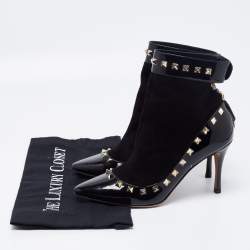 Pre Owned Valentino Black Patent Leather and Suede Rockstud Ankle Boots Size 37