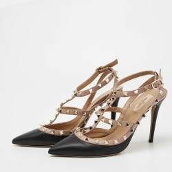 Pre Owned Valentino Black/Beige Leather Rockstud Caged Ankle Strap Pumps Size 39.5