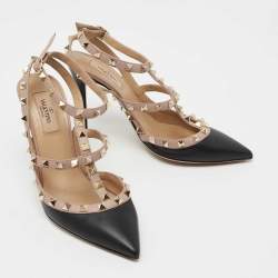 Pre Owned Valentino Black/Beige Leather Rockstud Caged Ankle Strap Pumps Size 39.5