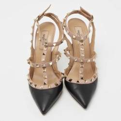 Pre Owned Valentino Black/Beige Leather Rockstud Caged Ankle Strap Pumps Size 39.5