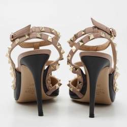 Pre Owned Valentino Black/Beige Leather Rockstud Caged Ankle Strap Pumps Size 39.5