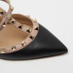 Pre Owned Valentino Black/Beige Leather Rockstud Caged Ankle Strap Pumps Size 39.5