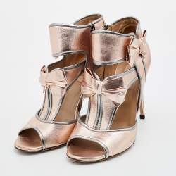 Pre Owned Valentino Metallic Pink/Grey Leather Bow Open Toe Ankle Strap Sandals Size 40