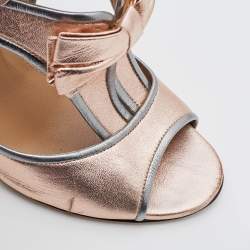 Pre Owned Valentino Metallic Pink/Grey Leather Bow Open Toe Ankle Strap Sandals Size 40