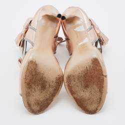 Pre Owned Valentino Metallic Pink/Grey Leather Bow Open Toe Ankle Strap Sandals Size 40