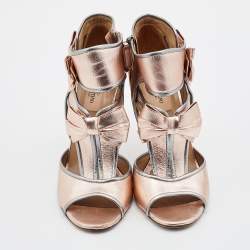 Pre Owned Valentino Metallic Pink/Grey Leather Bow Open Toe Ankle Strap Sandals Size 40