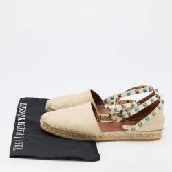 Pre Owned Valentino Off White Leather Rolling Rockstud Ankle Espadrille Flats Size 38