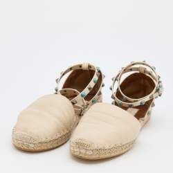 Pre Owned Valentino Off White Leather Rolling Rockstud Ankle Espadrille Flats Size 38