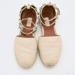 Pre Owned Valentino Off White Leather Rolling Rockstud Ankle Espadrille Flats Size 38